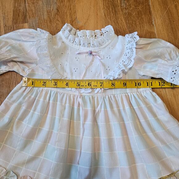Vtg Sears Dress Girls 2T Pastel Plaid Lace Puff Sleeve Ruffle Easter Cottagecore - Picture 8 of 10